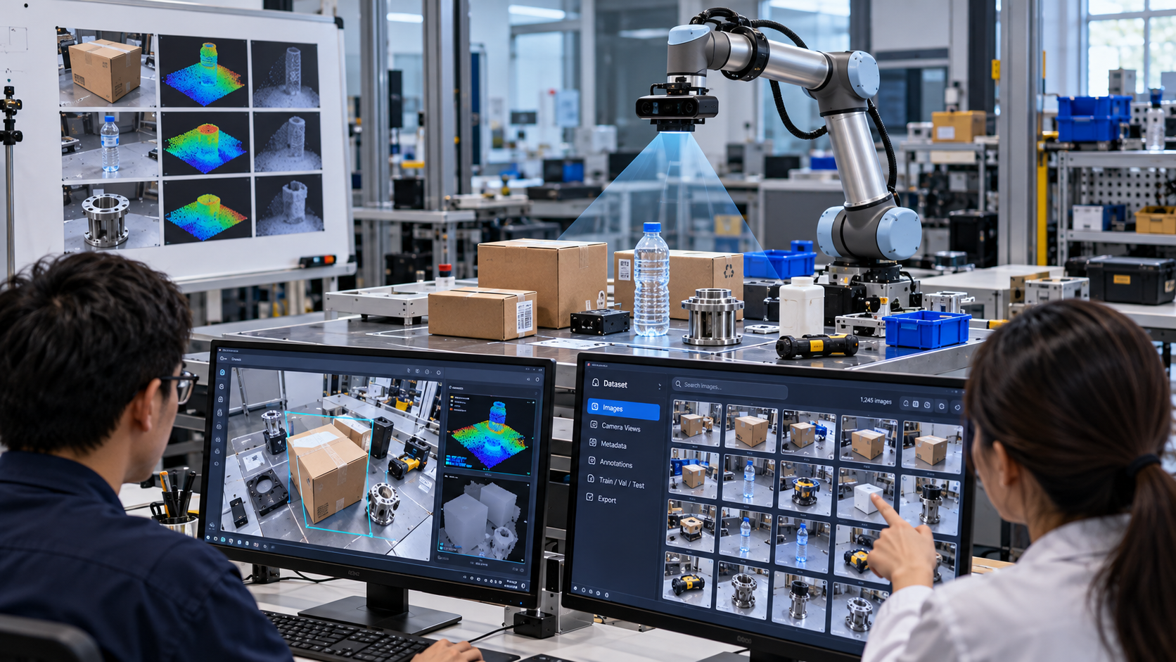 Researchers collecting custom computer vision training data using robotic cameras and real-world objects in an AI laboratory.