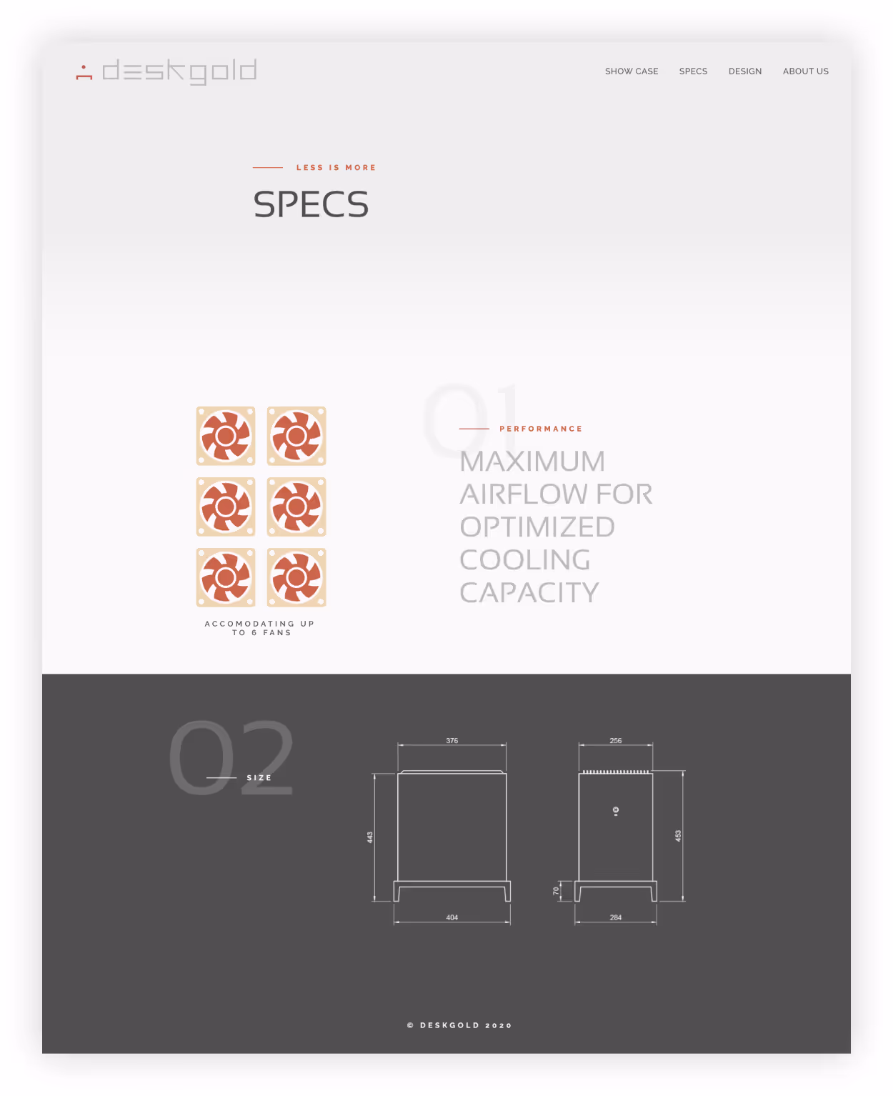 Website layout product, technical specs, computer case, Deskgold branding