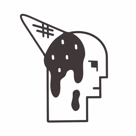 Line drawing of a human profile with a melting ice cream cone on the head. Like Bauhaus.