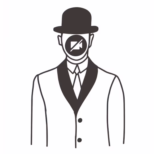 Illustration of a man in a suit and bowler hat with a muted video camera icon covering his face. Like Magritte.