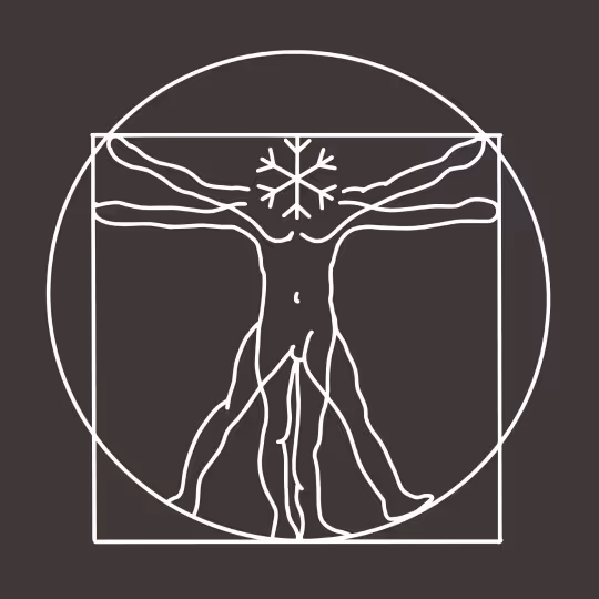 Abstract line drawing of a human figure with arms and legs extended inside a circle and square, with a snowflake symbol over the head area. Like leonardo davinci Human.