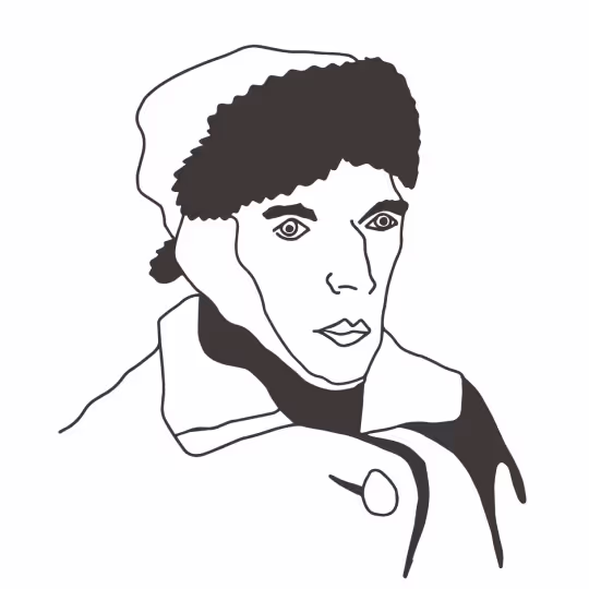 Minimalist black and white line drawing of a person with covered ear with a cloth with fur trim and a coat. Like van Gogh.