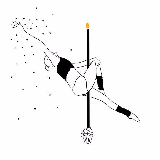 Illustration of a woman performing a pole dance move with a candle on top and a cupcake attached to the pole.