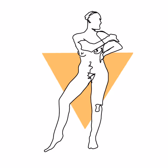Minimalist line drawing of a standing woman figure with an orange inverted triangle behind her.