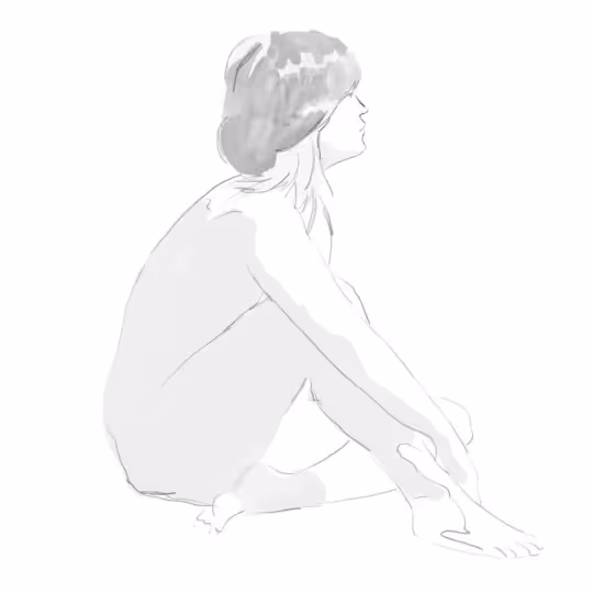 Monochrome sketch of a person sitting cross-legged and looking upward.