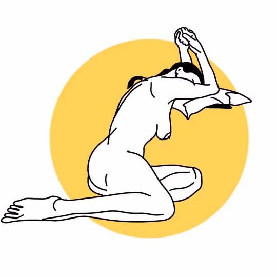 Minimalist black and white line drawing of a nude woman sitting and hugging her raised arms with a yellow circle background.