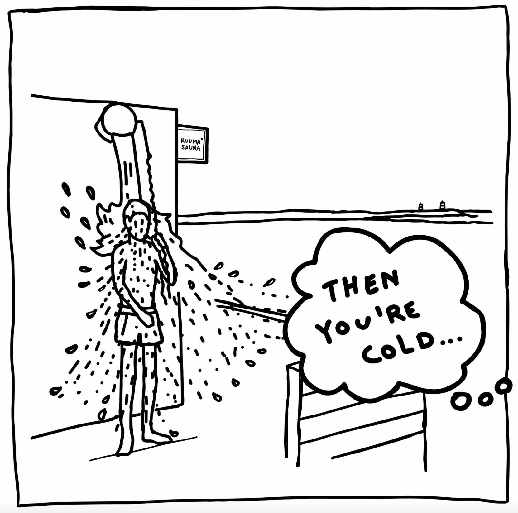 Cartoon of a person standing under a bucket next to a sauna door labeled 'Kuuma sauna' with a thought bubble saying 'Then you're cold...'