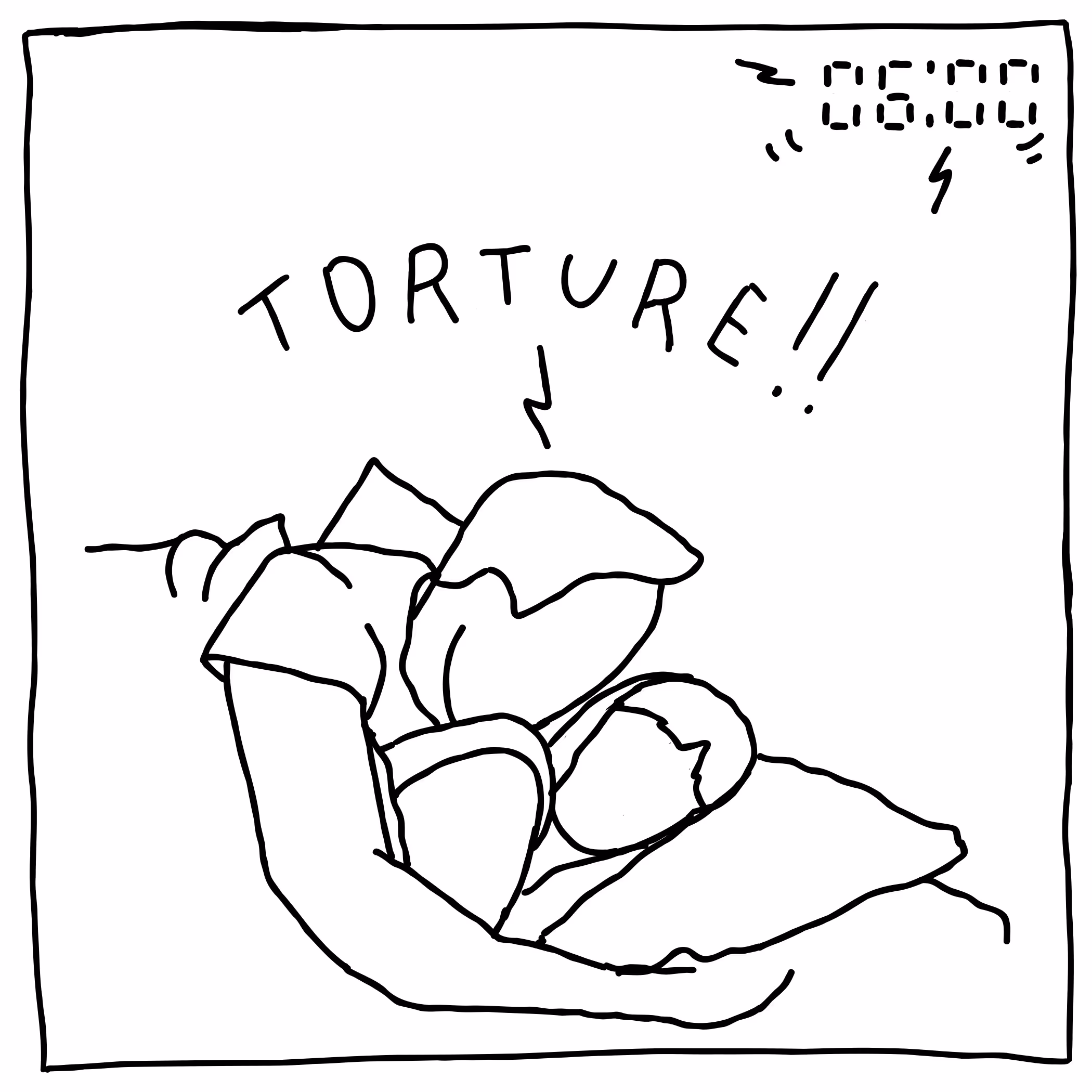 Line drawing of a person leaning over their partner in bed with the word 'TORTURE!!' and a digital clock showing 06:00.