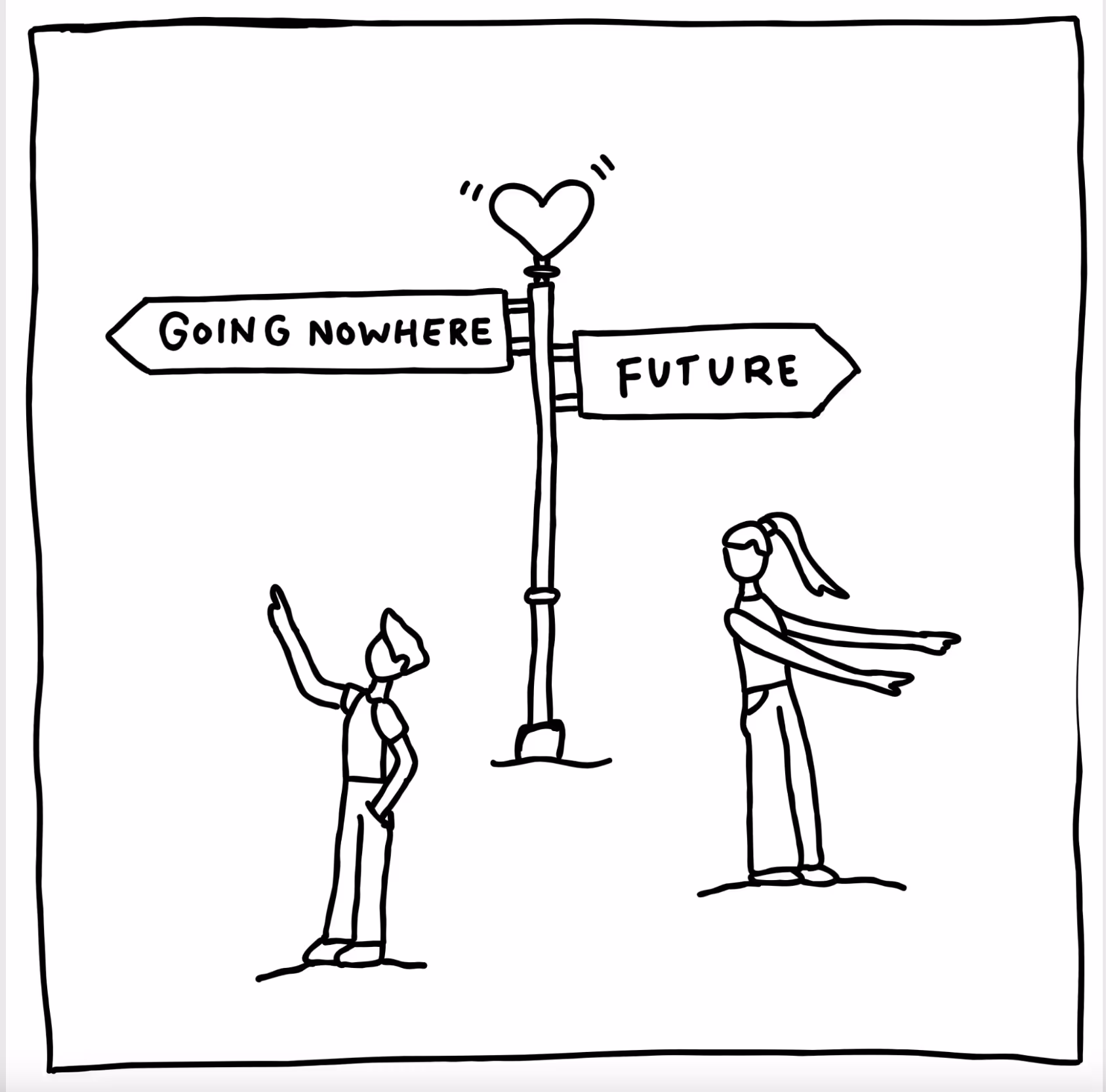 Black and white sketch of a signpost with two arrows labeled 'Going Nowhere' pointing left and 'Future' pointing right, with a heart symbol above; a man points to the left and a woman points to the right.