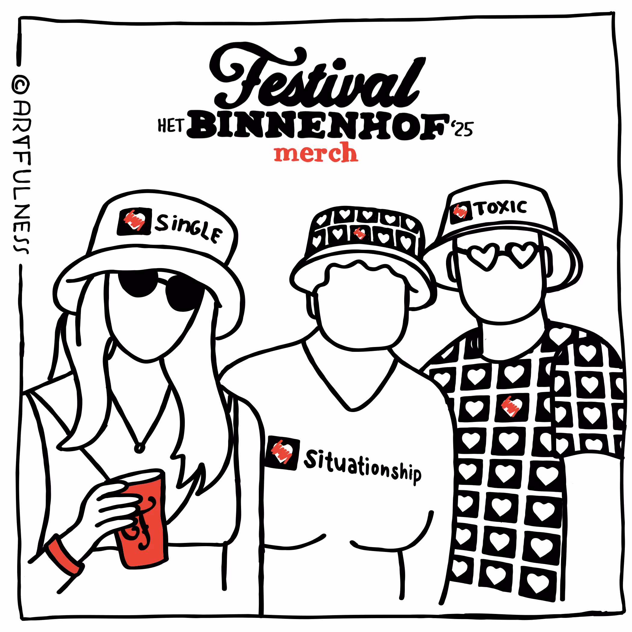 Illustration of three faceless people wearing festival merchandise hats labeled Single, Situationship, and Toxic, with heart patterns that symbolises the Dutch elections voting system. 