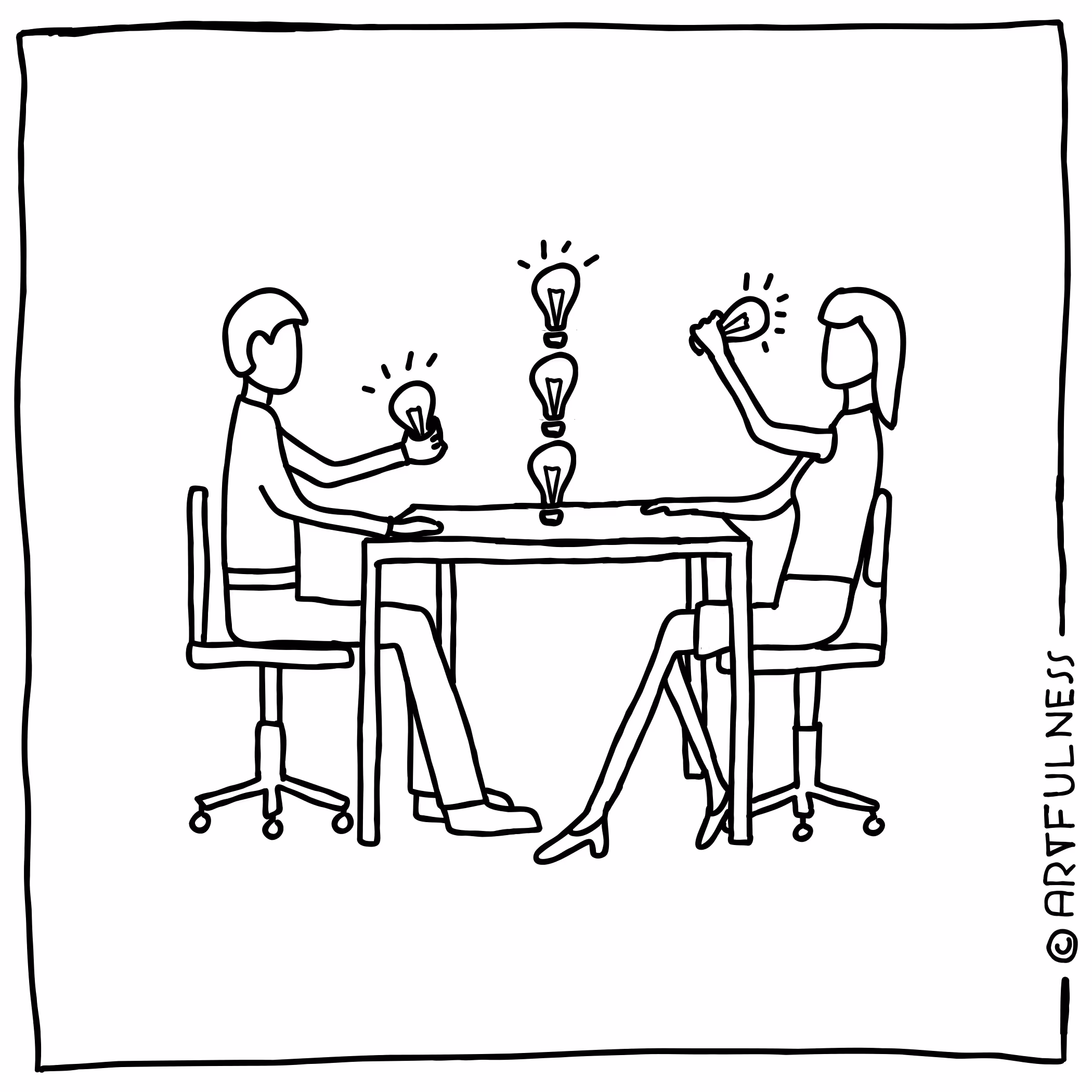 Line drawing of two people sitting at a table holding light bulbs, with three illuminated light bulbs floating between them symbolizing shared ideas.
