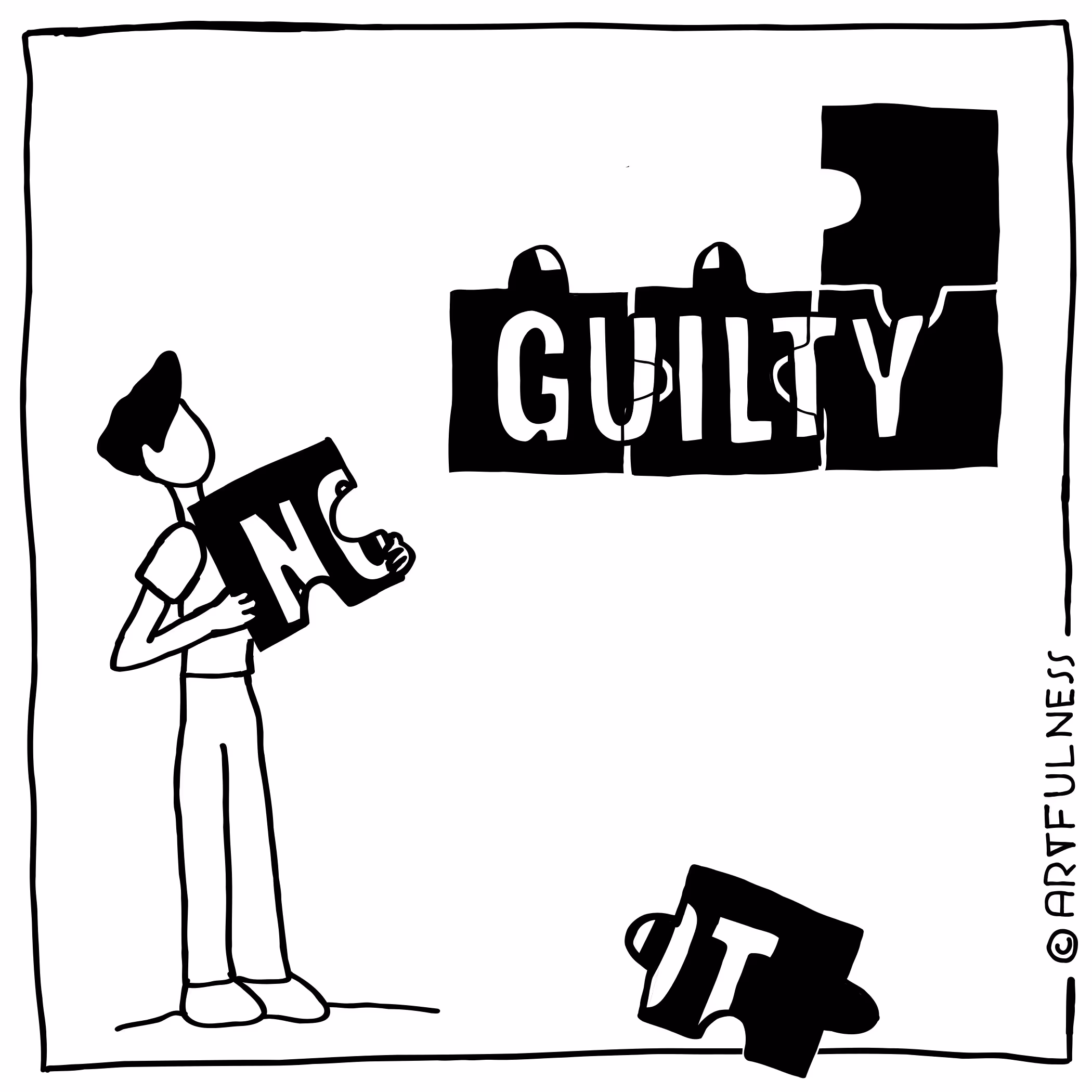 Illustration of a person holding a puzzle piece with the letters 'NO' and trying to complete the word 'NOT GUILTY' with a missing piece labeled 'T' on the floor.