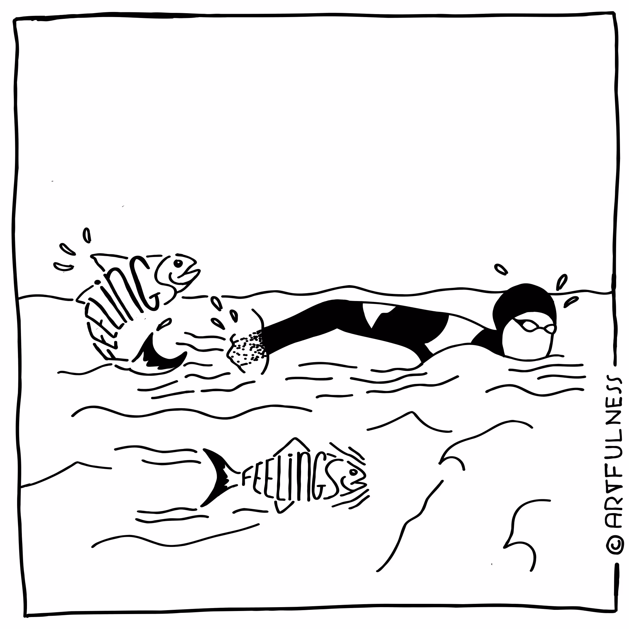 Black and white cartoon of a swimmer swimming against a fish labeled feelings swimming downstream, with the caption ignoring feelings is like swimming against the current.