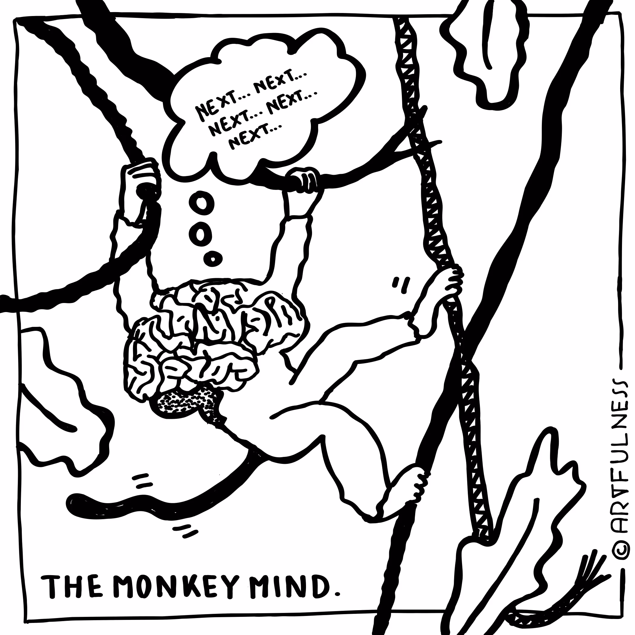 Illustration of a monkey swinging on branches with a brain for a head and a thought bubble saying 'NEXT... NEXT... NEXT... NEXT...'.
