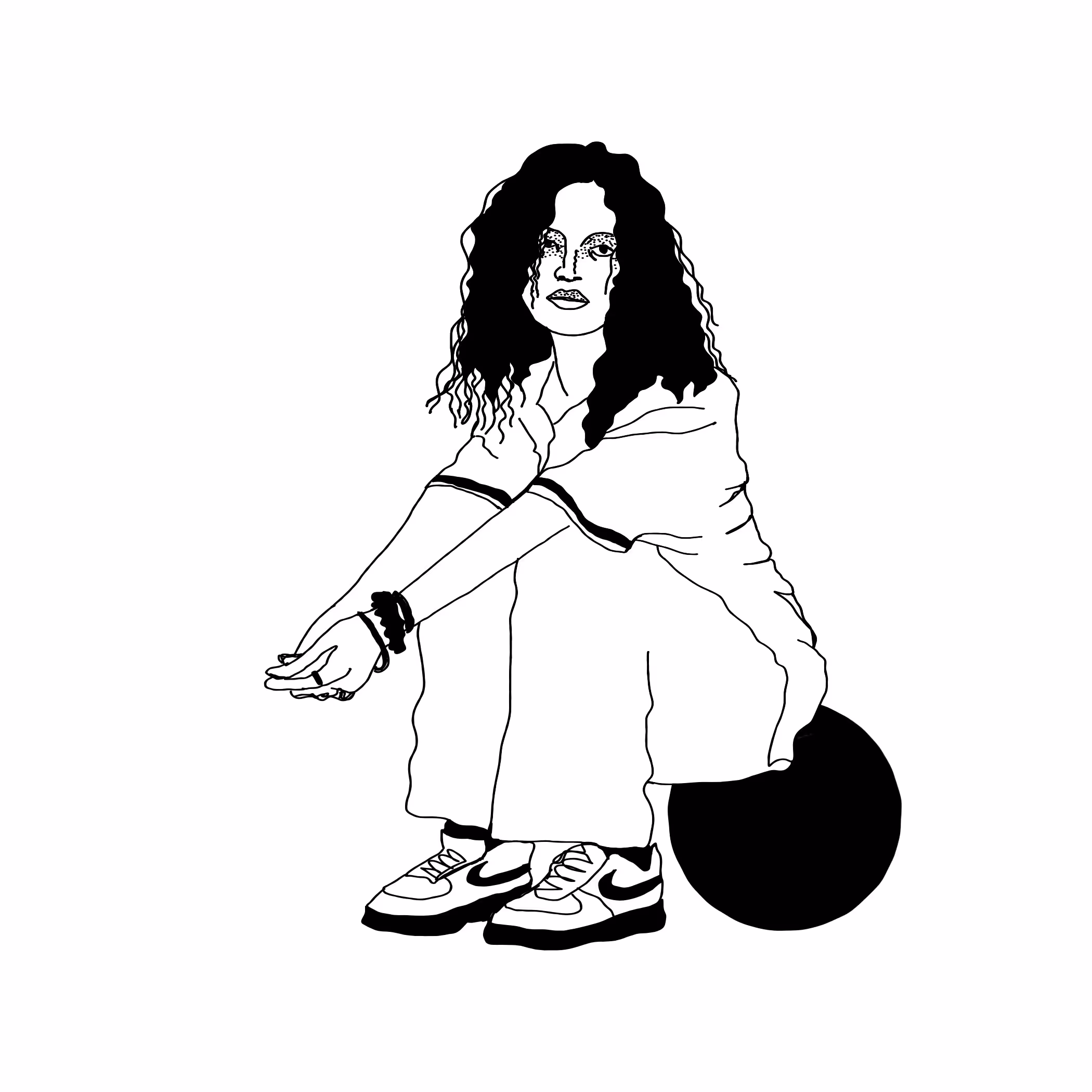 Black and white line drawing of a person crouching with long curly hair and Nike sneakers sitting on a circle shape.