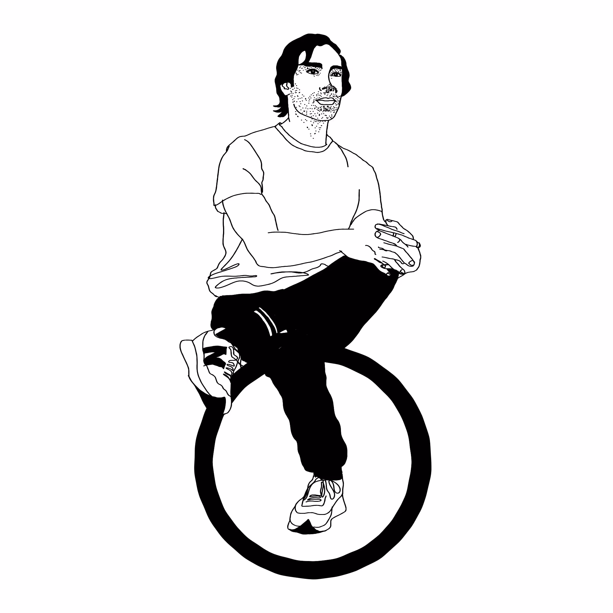 Black and white illustration of a man sitting cross-legged on a hoop.