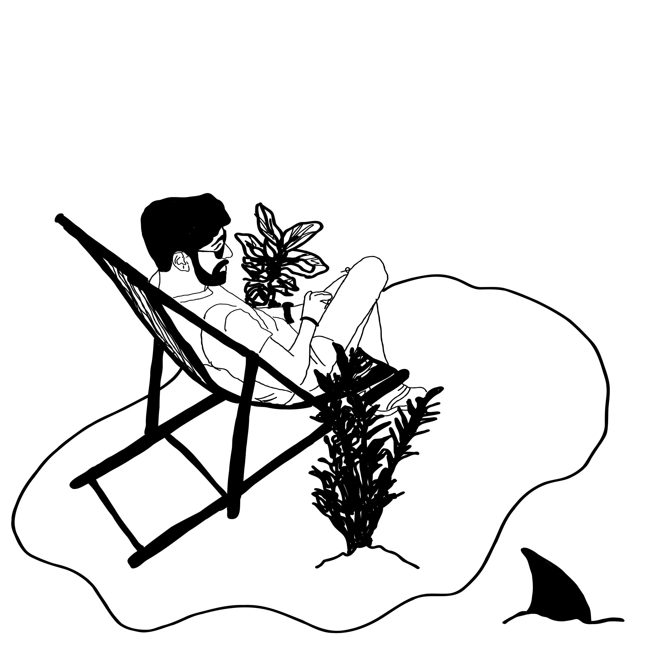 Man sitting in chair on small island with plants while a shark fin swims nearby in water