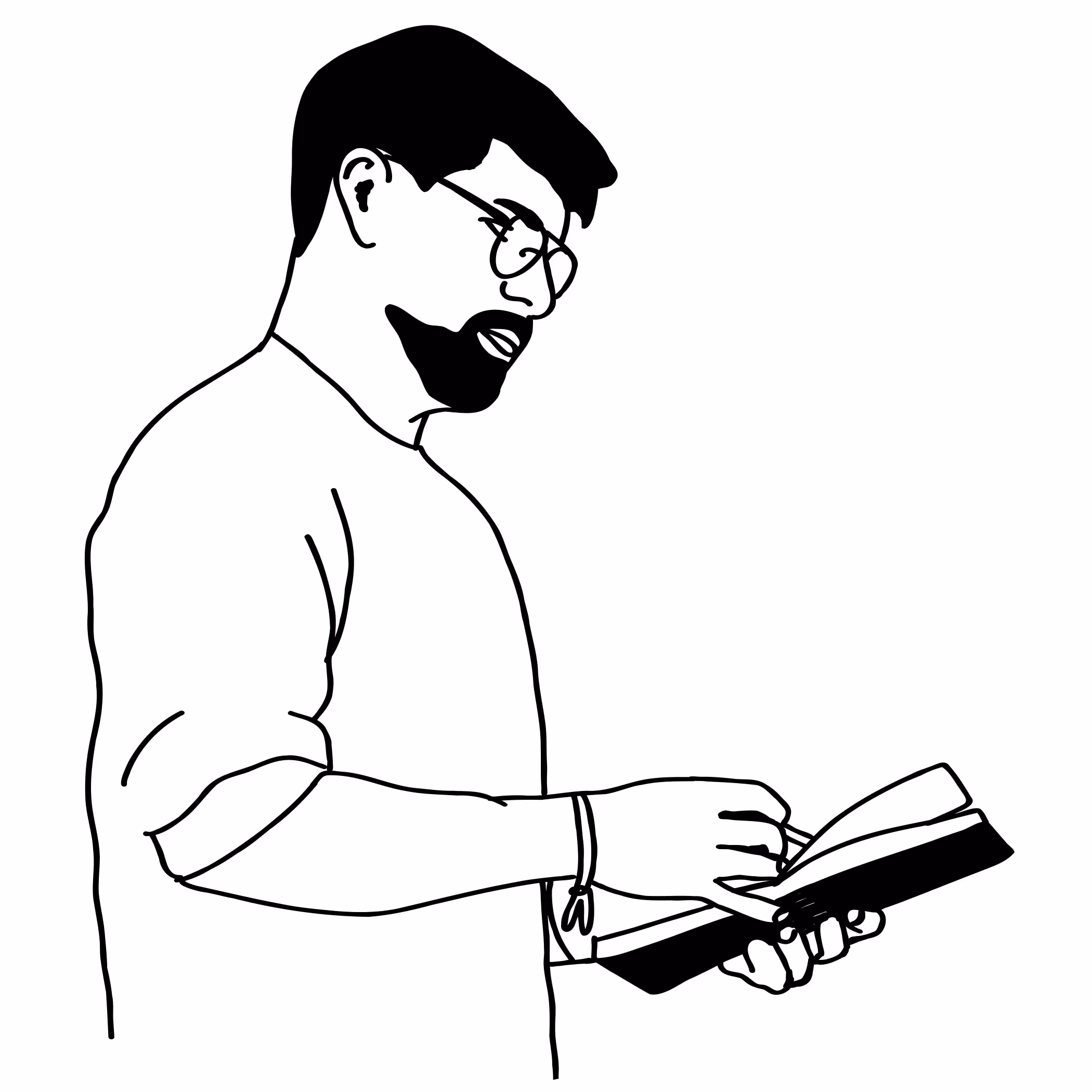 Man with glasses and beard reading or writing in an open book.