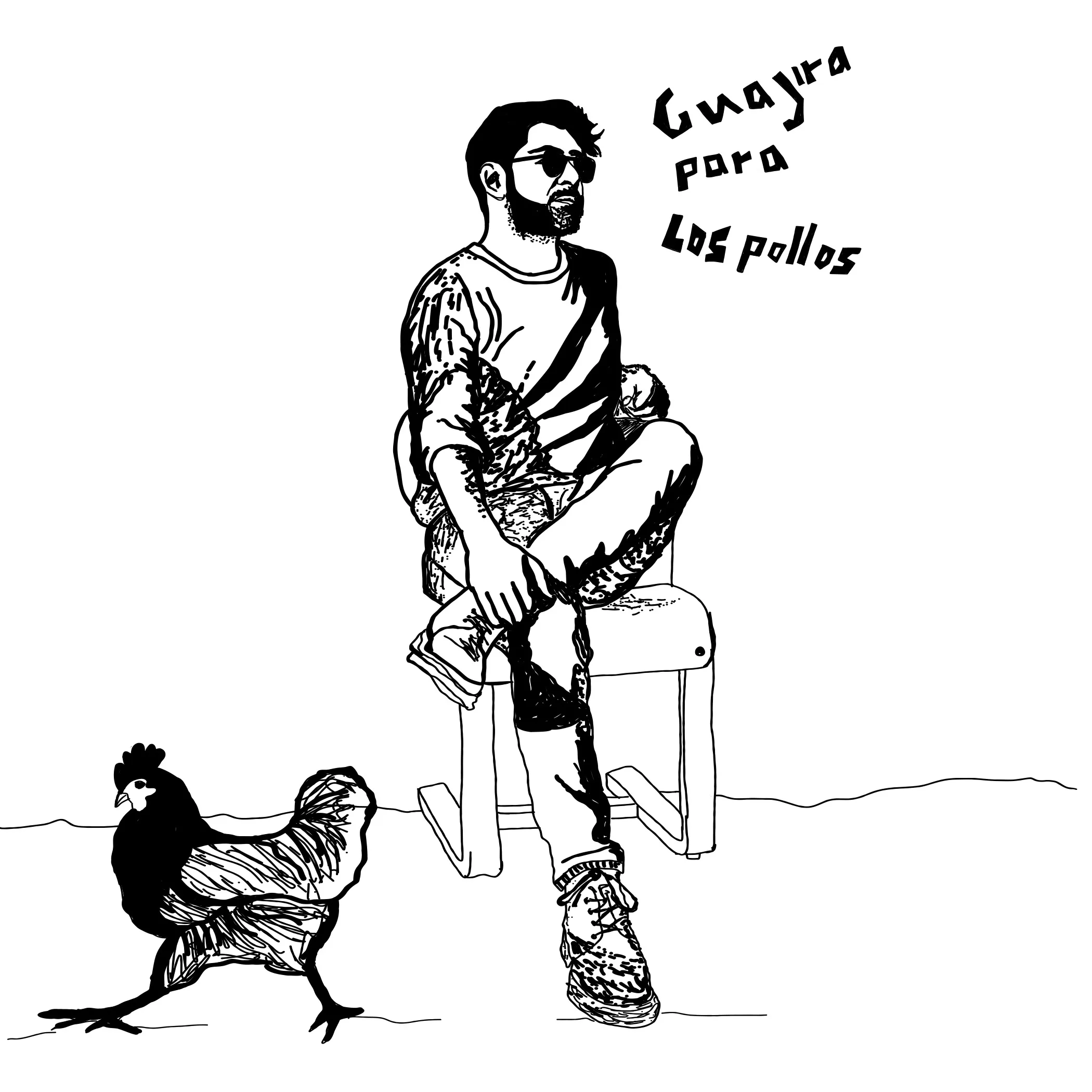 Black and white drawing of a man sitting on a chair next to a walking chicken with text in Spanish.