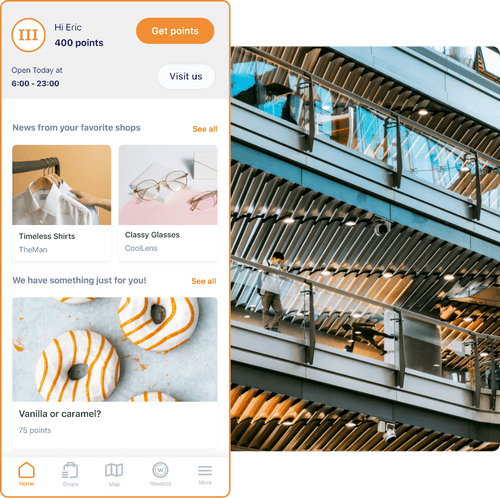 A flat mockup of Emplate loyalty app displaying the loyalty point system, shop posts and free donut reward for shopping center visitors