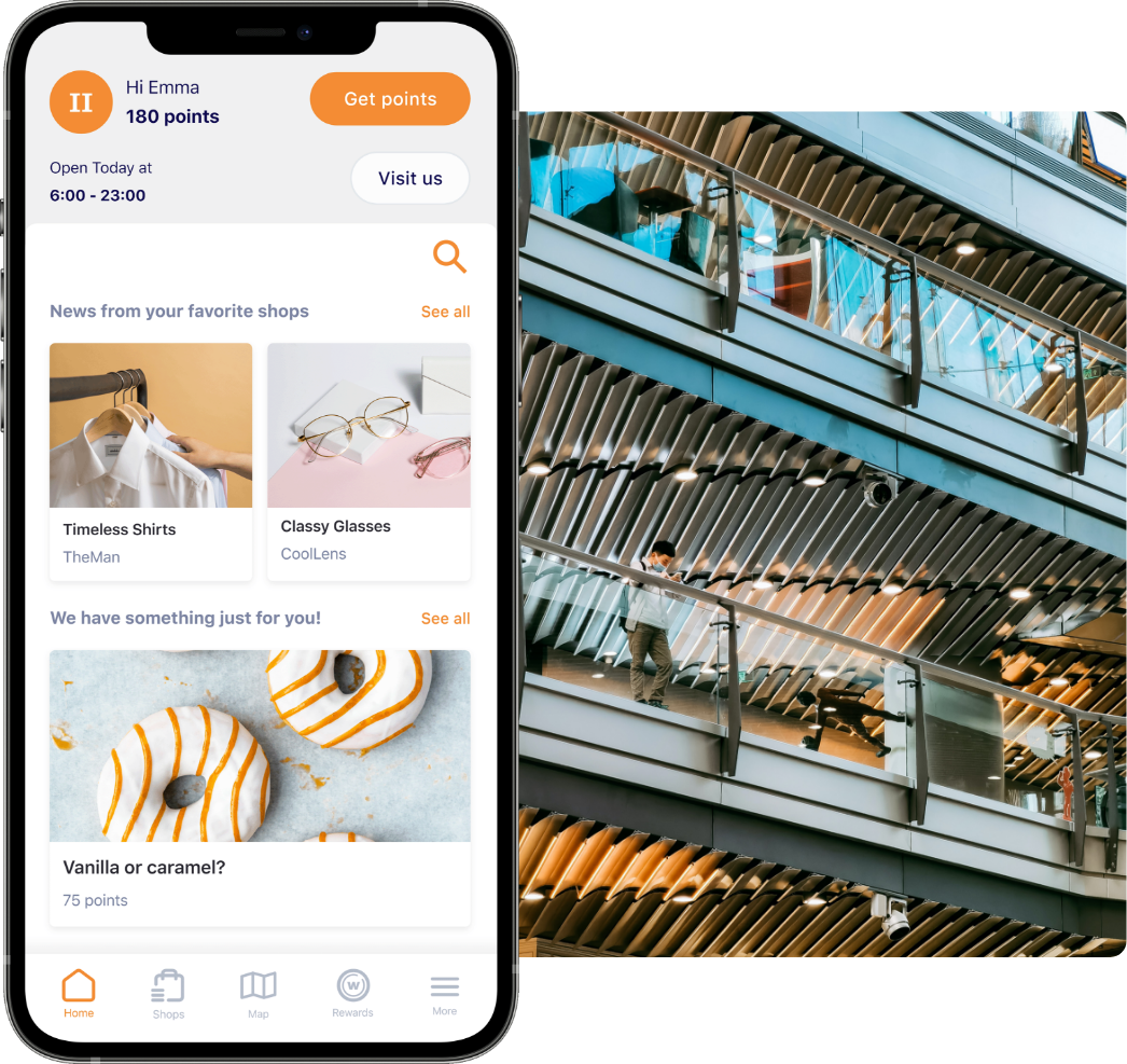 A flat mockup of Emplate loyalty app displaying the loyalty point system, shop posts and free donut reward for shopping center visitors