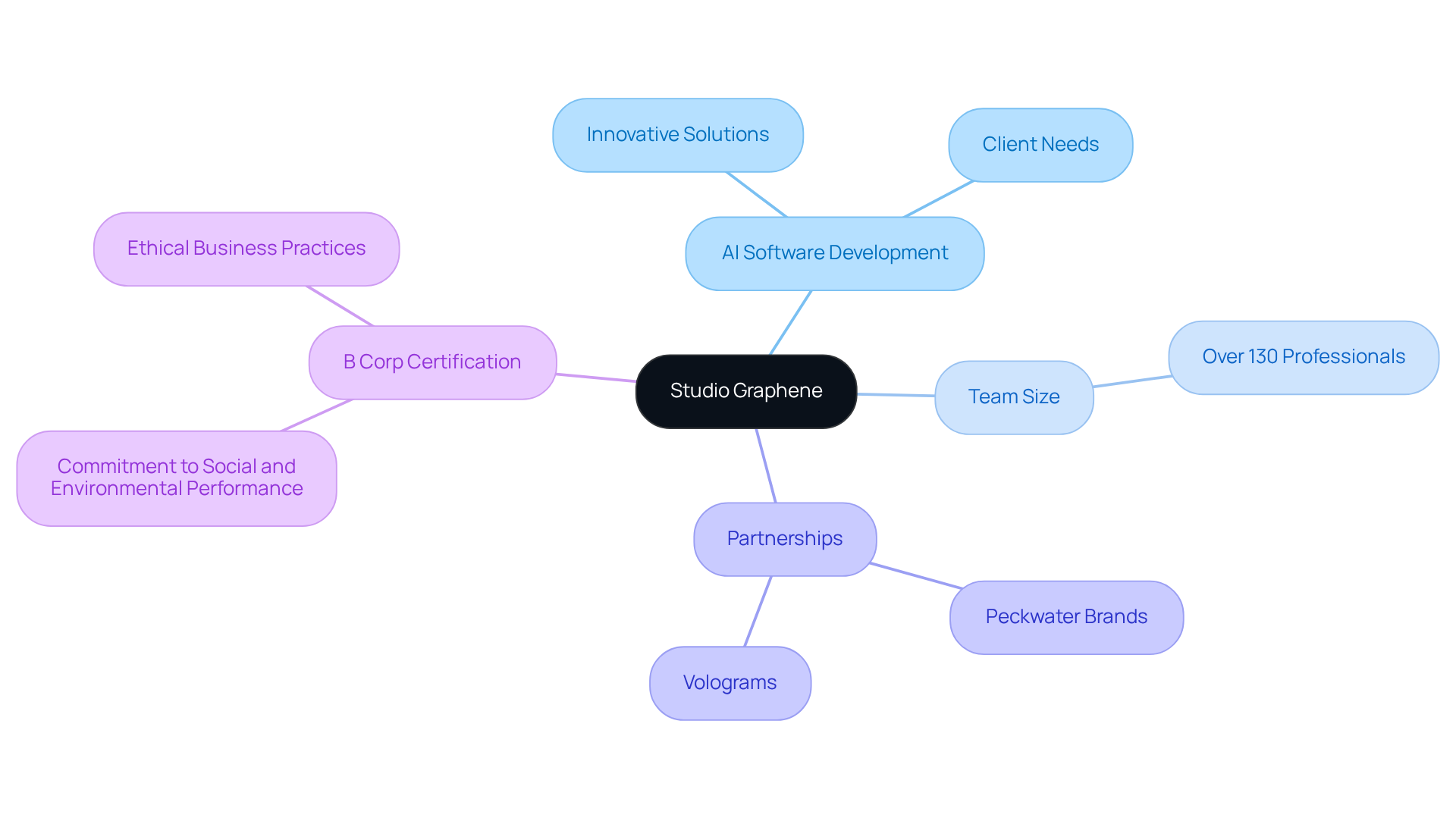 The center represents Studio Graphene, and the branches show various aspects of the company, such as its focus on AI, team size, partnerships, and its responsible business practices.