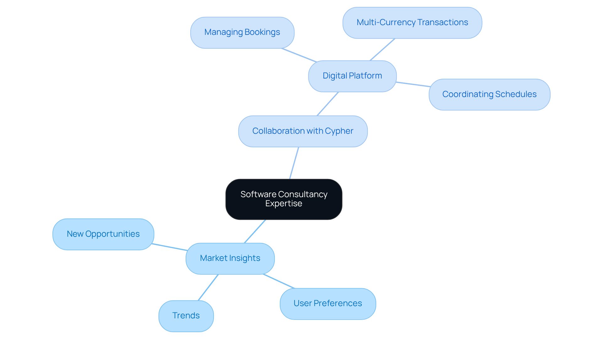 Begin at the center with the main concept of software consultancy, then explore how it identifies market opportunities and the specific features developed in collaboration with Cypher.
