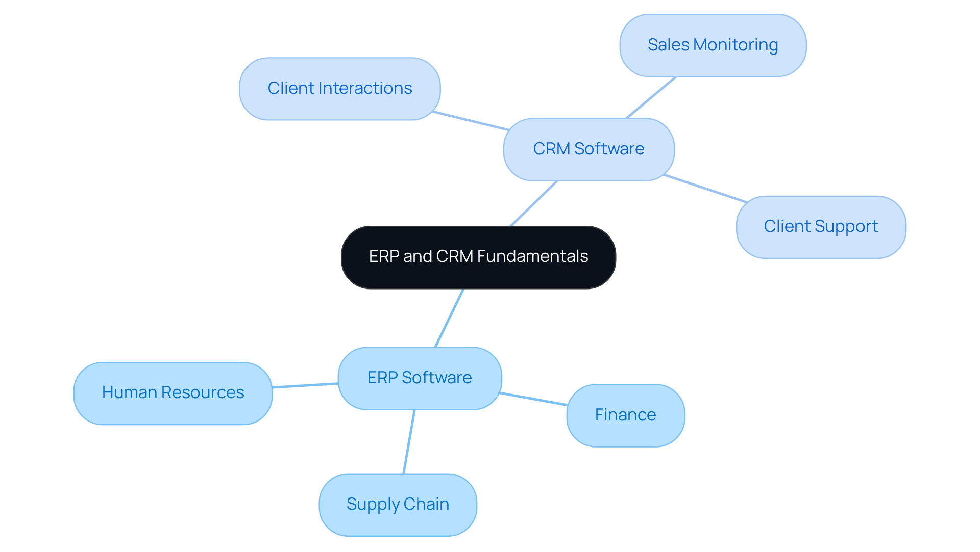 The central node represents the fundamental concepts of ERP and CRM. The branches show the key areas these systems manage, highlighting how they work together to support organizational goals.