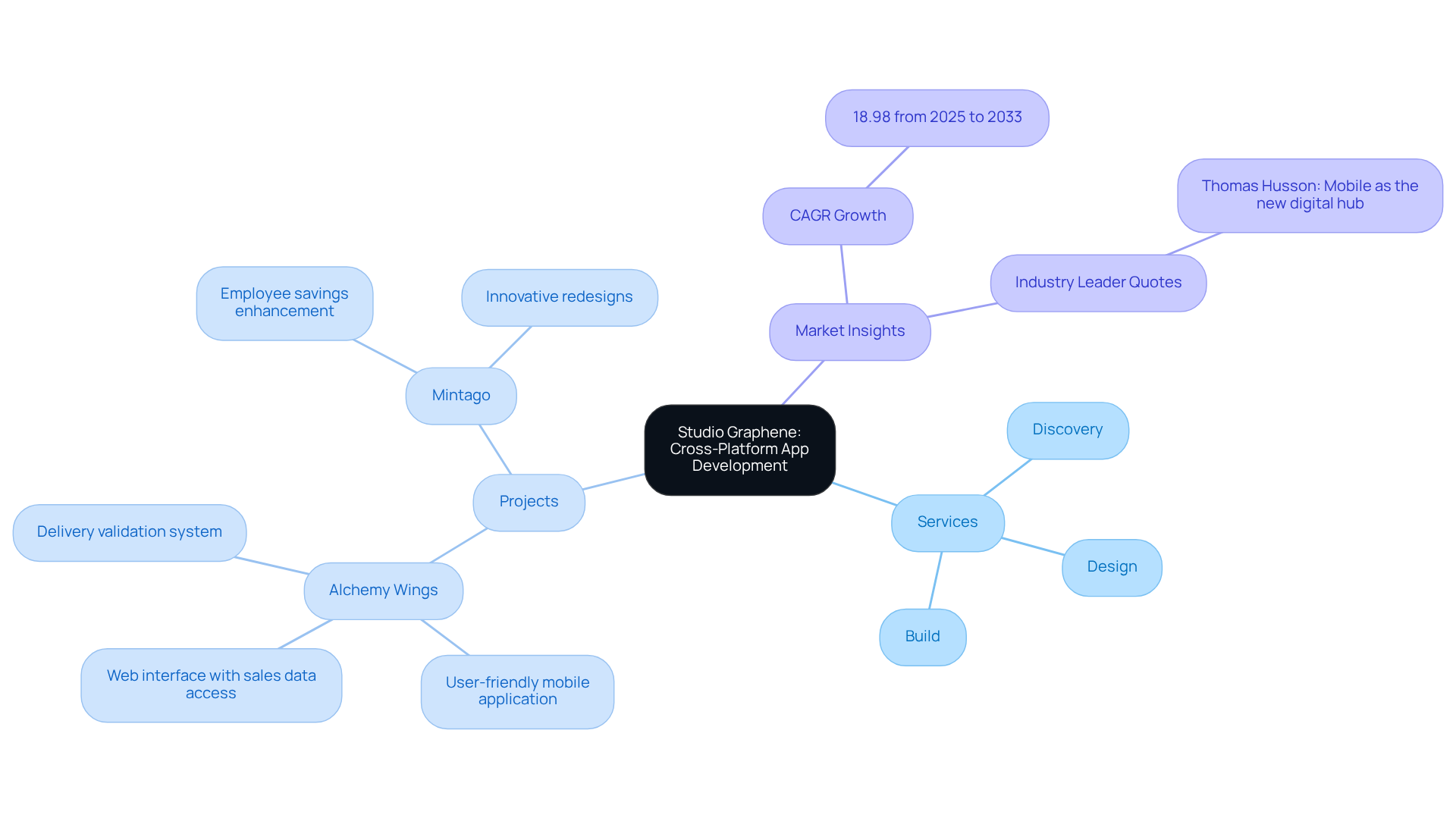 The center represents Studio Graphene. The branches show their services, key projects, and market opportunities. Each segment highlights how they contribute to business innovation in app development.