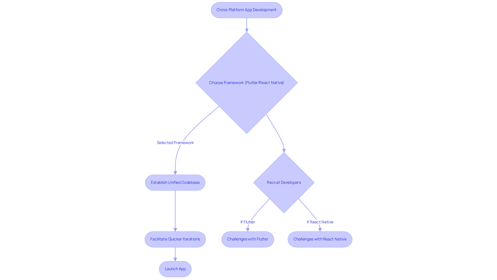 Follow the arrows to see how the process unfolds from choosing a framework to launching the app. Each box represents a key step, and decision points highlight important considerations developers face along the way.