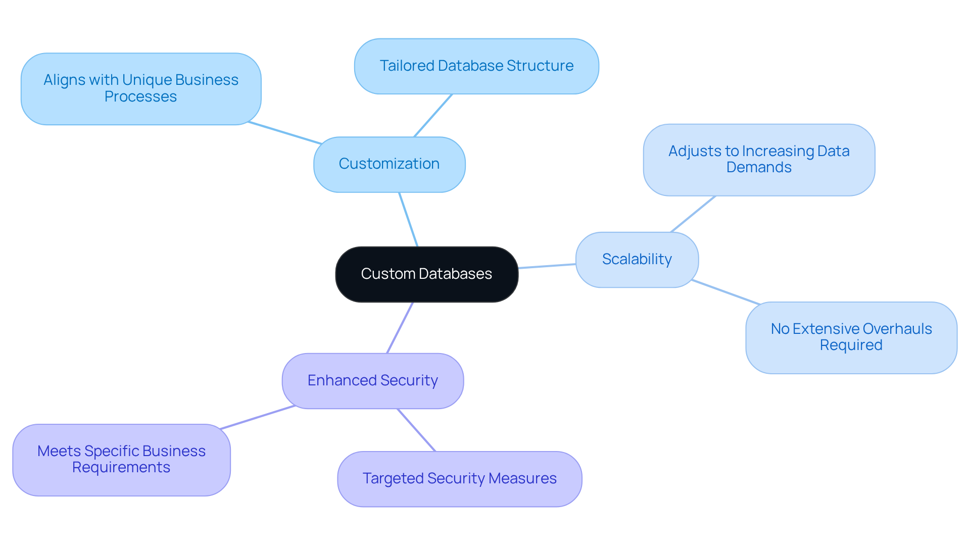 This mindmap shows how custom databases can be tailored for specific business needs. Each branch highlights a major benefit, helping you understand why investing in a custom solution is important.