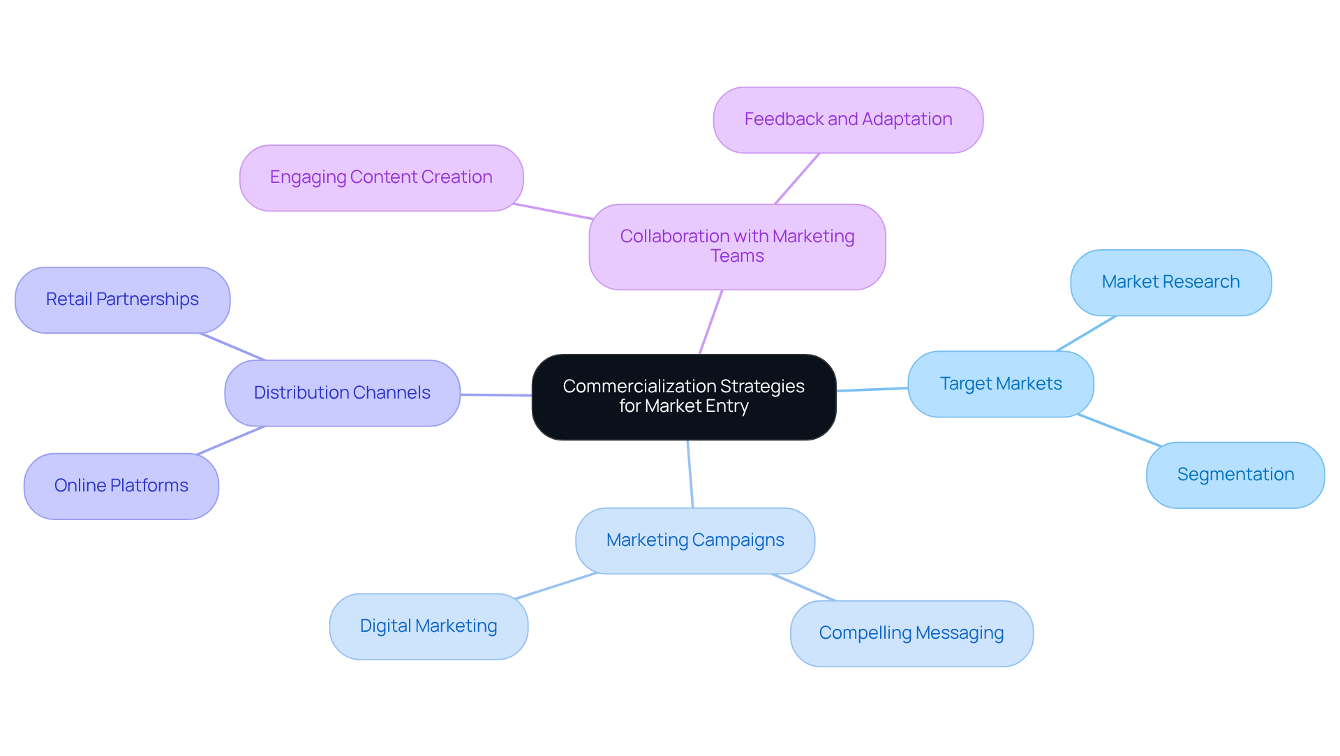 The center represents the main focus of commercialization strategies. Each branch shows a key area of strategy, and the sub-branches provide more detail on actions or ideas related to that area.