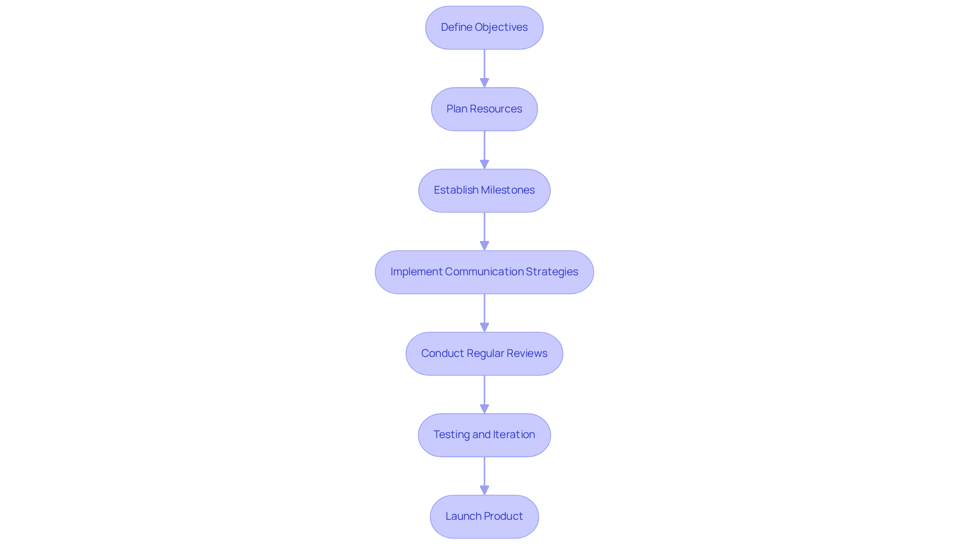 Each box represents a crucial step in the product development journey. Follow the arrows to see how each step leads to the next, ensuring a well-structured approach from planning to product launch.