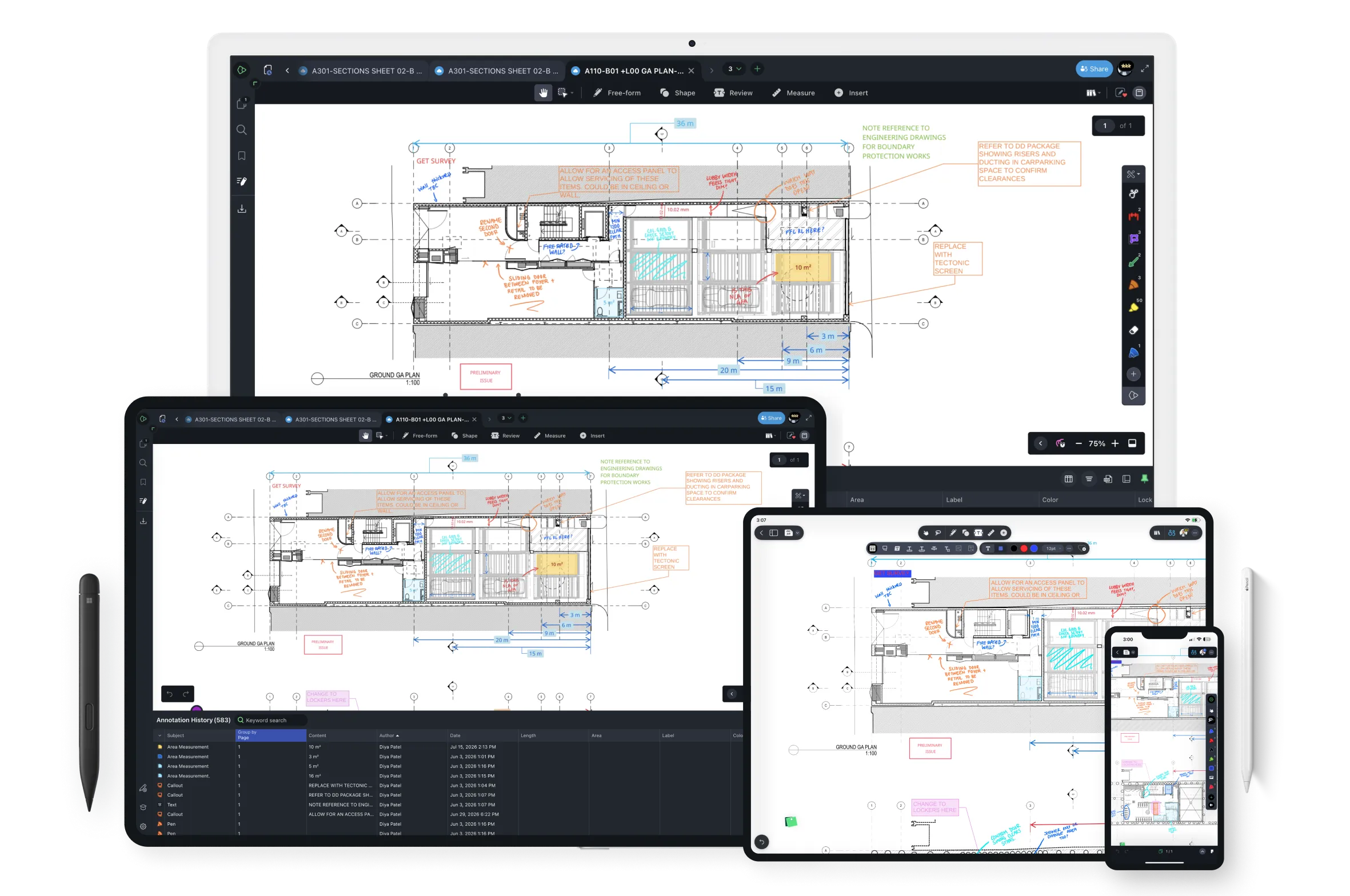 Multiple devices displaying annotated architectural floor plans with measurement and note tools visible.