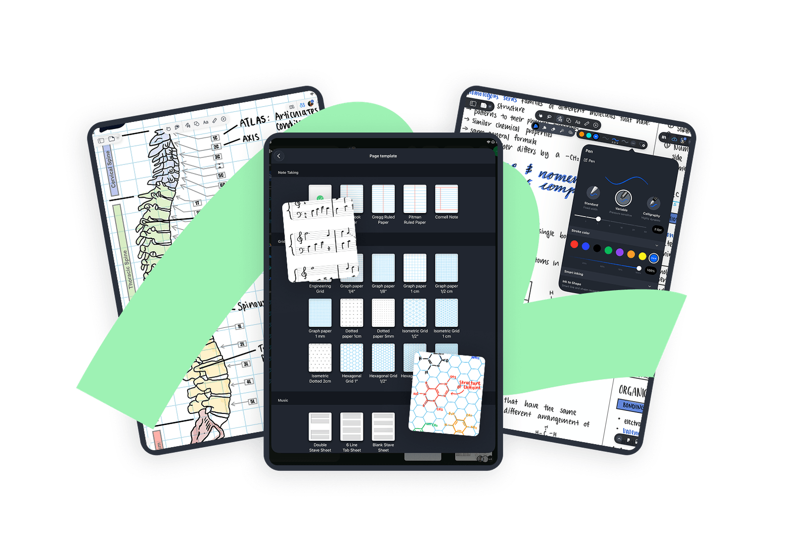 Drawboard PDF on three iPads showing handwritten anatomy and chemistry notes and a choice of page templates