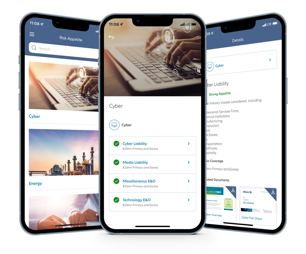 Three mobile devices showing the AGCS North America App in use, highlighting Cyber in the Risk Appetite
