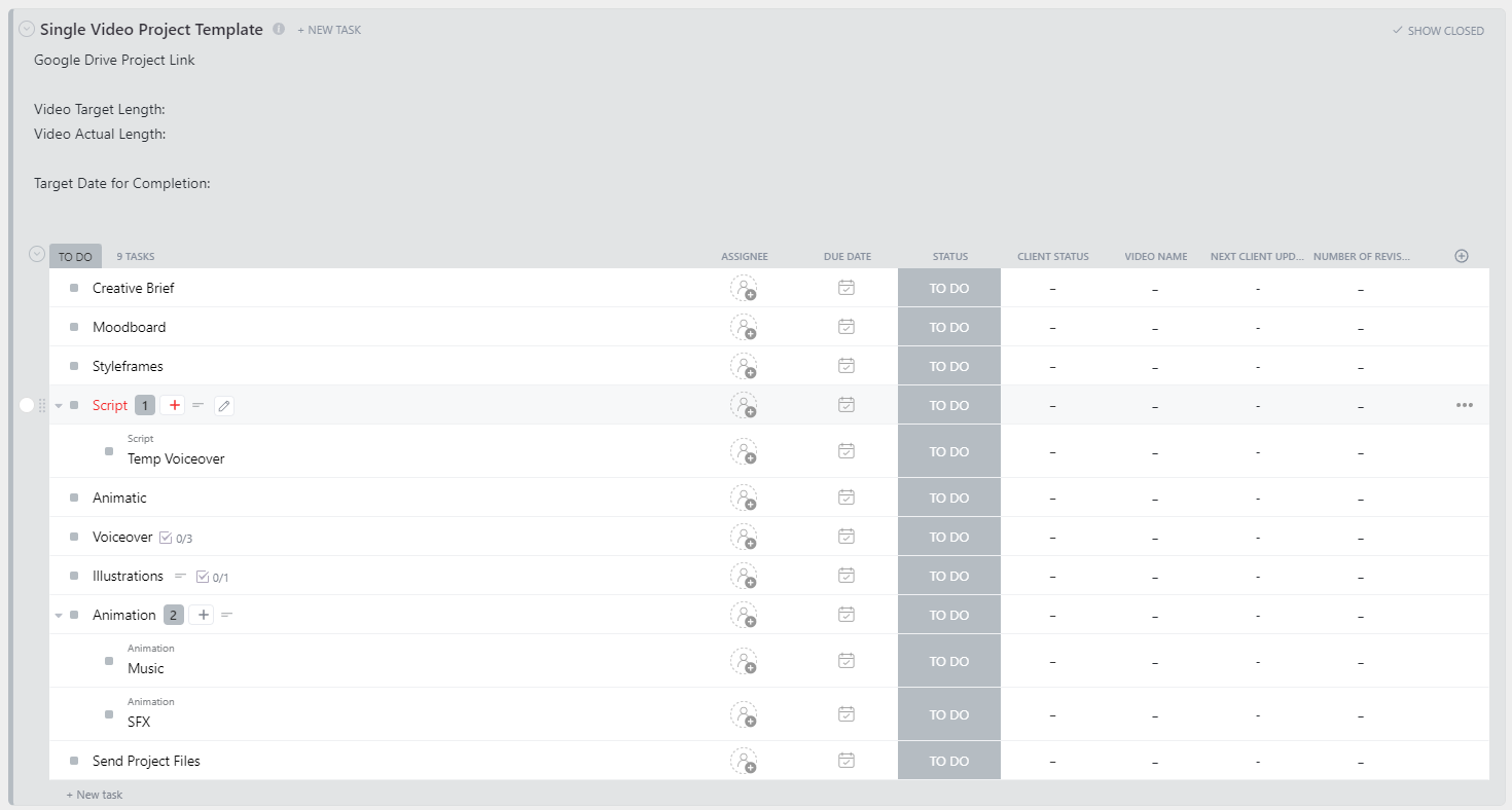 Structuring a video production workflow in clickup