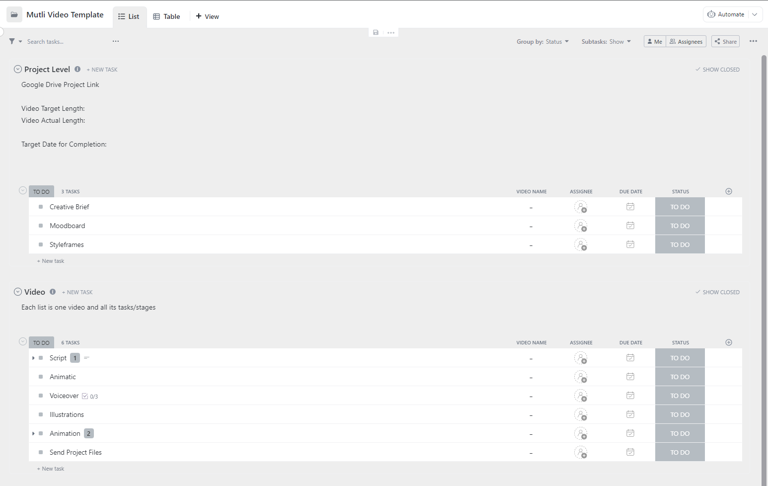 Structuring a video production workflow in clickup