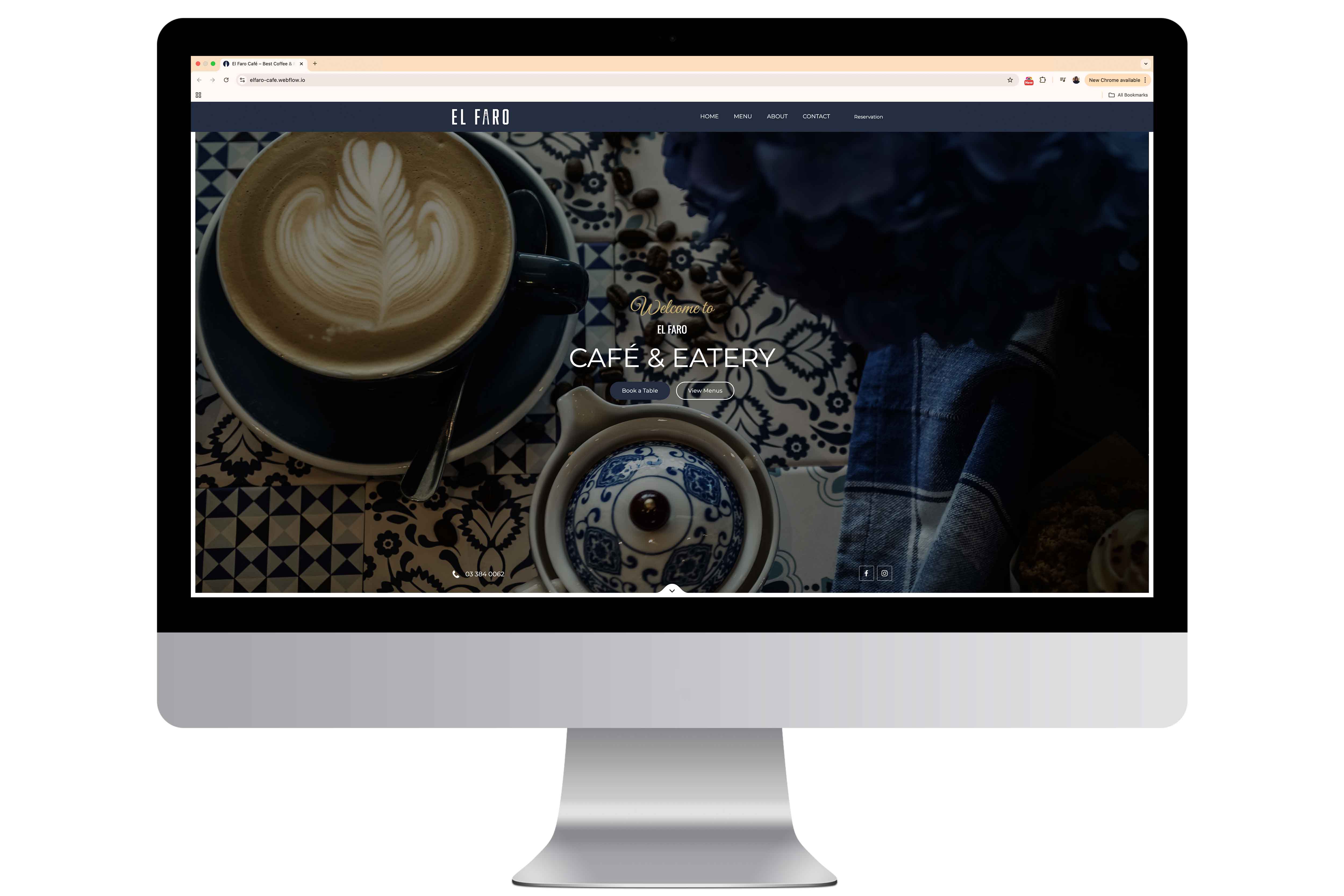 Homepage of the El Faro Café Webflow website with rich coffee imagery.
