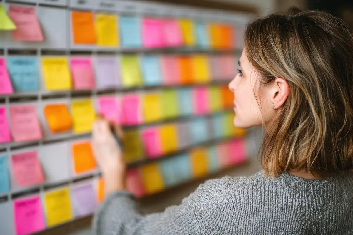 Um mulher colando post-its em uma parede.