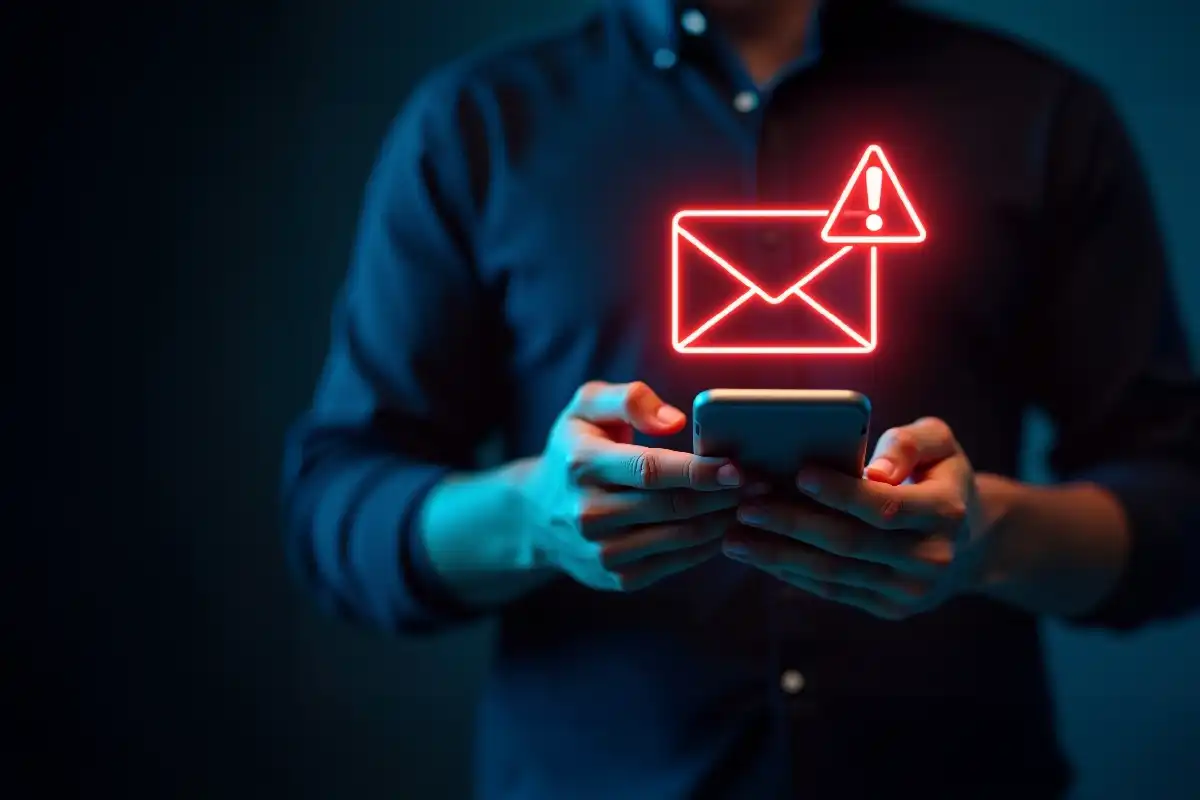 Uma pessoa usando um smartphone com um ícone de aviso sobreposto.