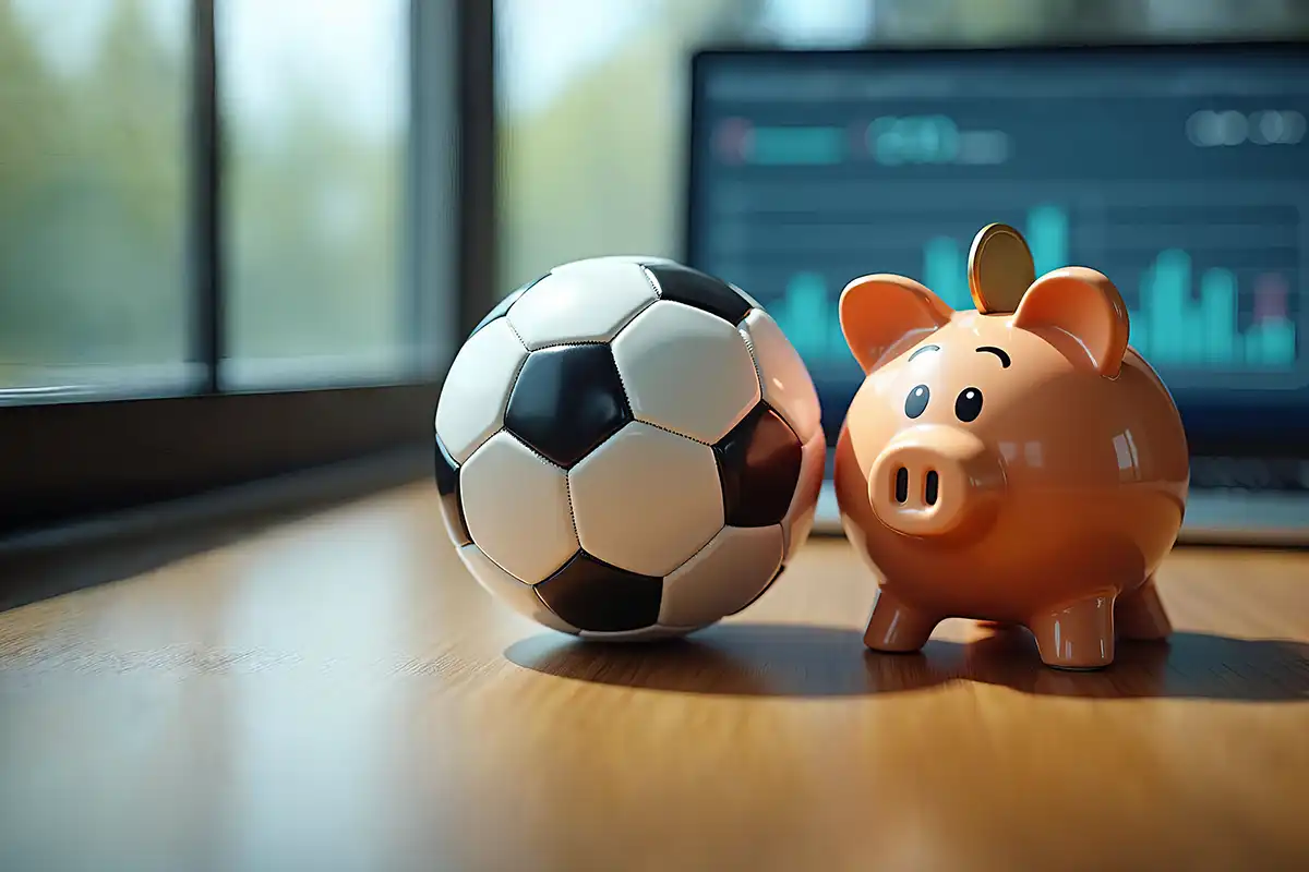 Uma bola de futebol e um cofrinho de porquinho