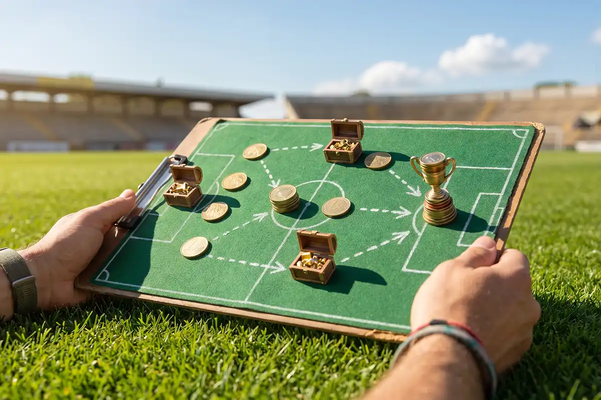 Prancheta tática de futebol com gramado verde ao fundo em dia ensolarado, exibindo moedas douradas e pequenos baús do tesouro dispostos em formação estratégica com setas indicando um caminho, que culmina em um troféu feito de moedas empilhadas.