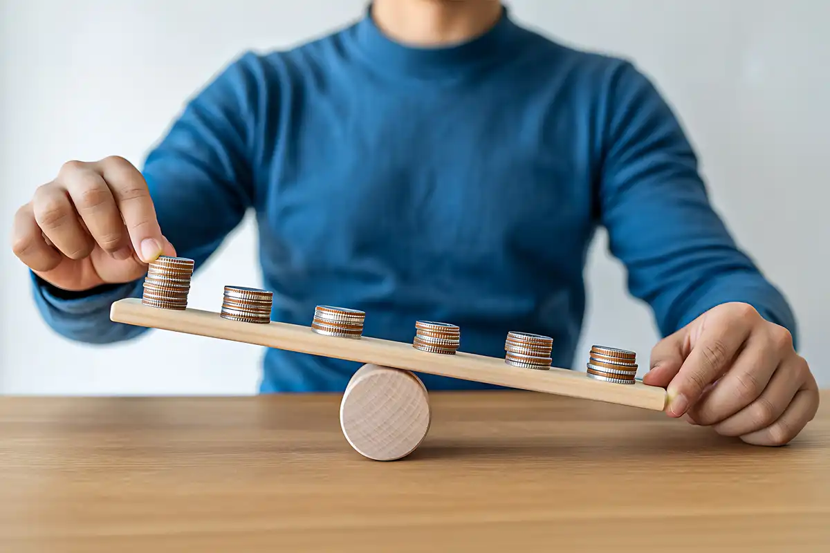 Homem em suéter azul equilibra pilhas de moedas em uma gangorra de madeira sobre uma mesa, ilustrando o equilíbrio financeiro de dívidas em atraso.