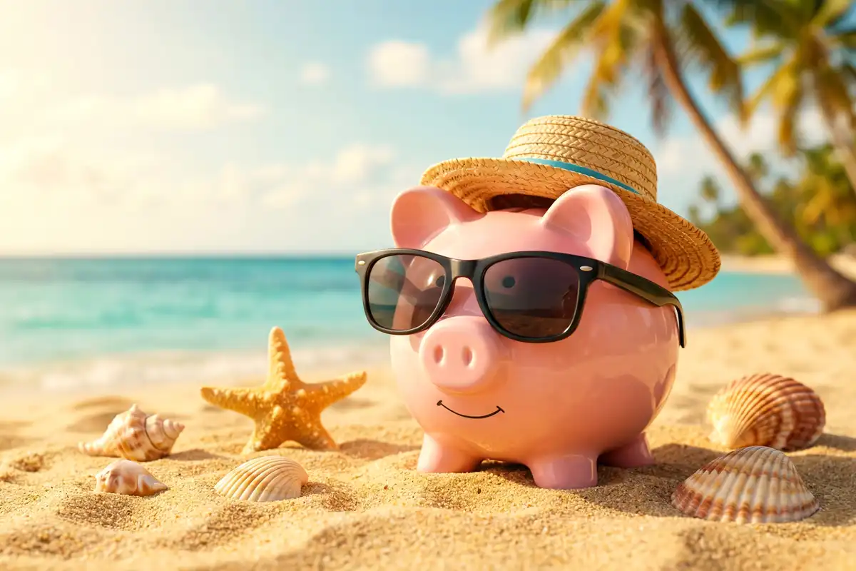 Cofrinho em formato de porquinho usando óculos escuros e chapéu de palha na areia da praia, cercado por conchas e estrela-do-mar, representando o planejamento financeiro para as férias de julho.