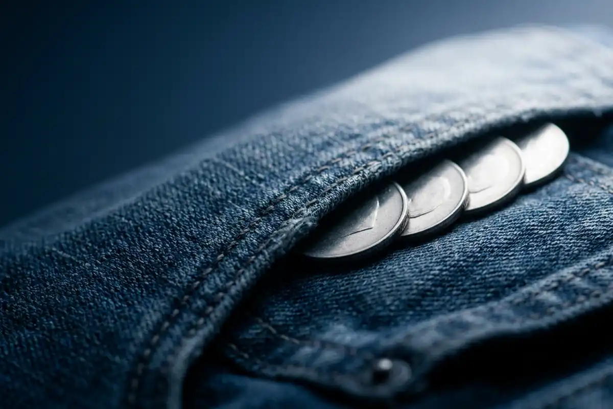 Close-up de moedas de prata saindo do bolso traseiro de uma calça jeans azul, simbolizando o desafio de organizar as finanças pessoais em três meses.