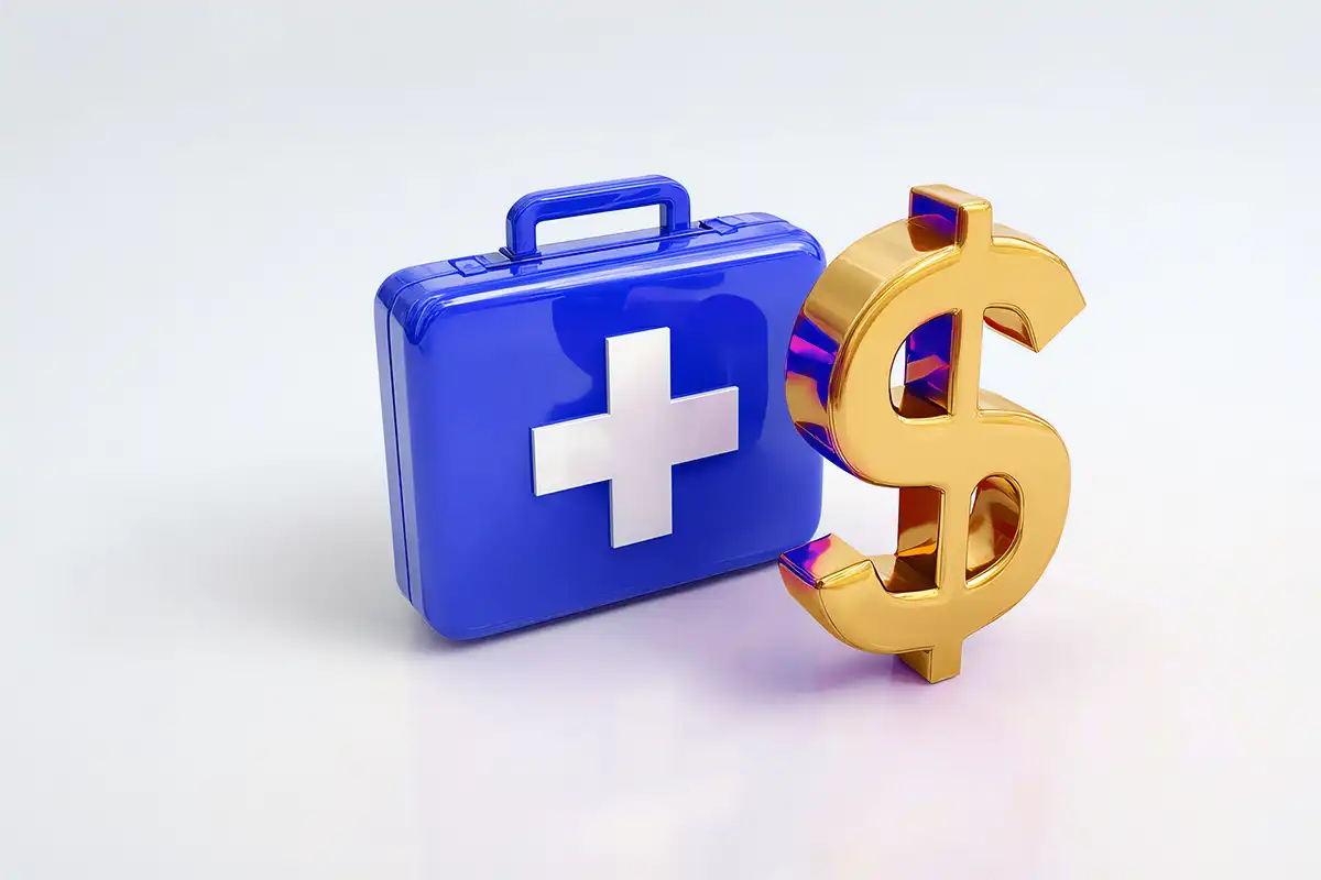 Uma maleta azul de emergência ao lado de um cifrão dourado.