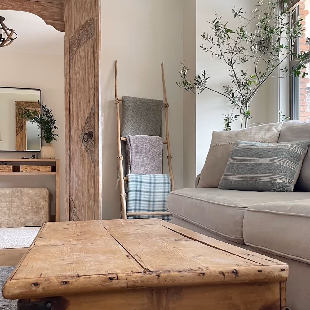 Cozy living area with beige sofa, striped pillow, wooden coffee table, blanket ladder, and indoor plant near window.