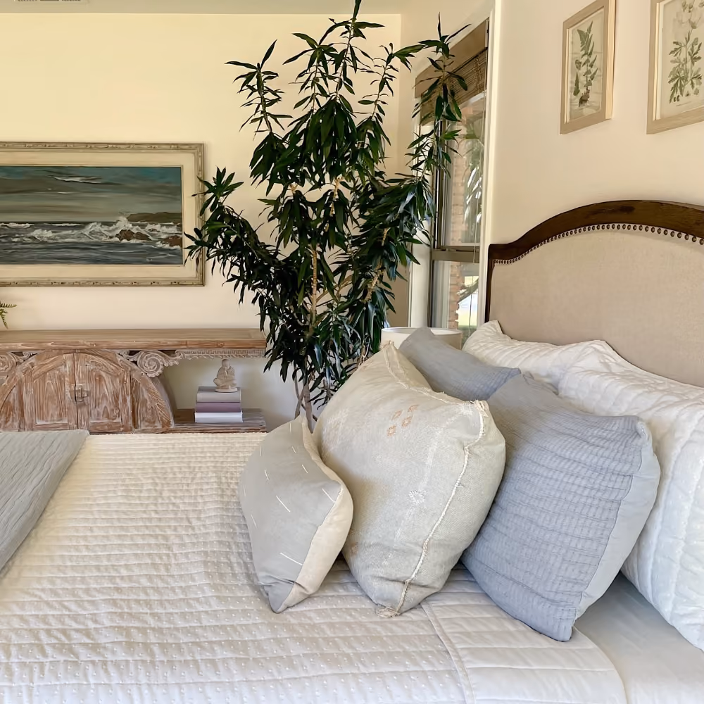 Cozy bedroom with a bed adorned with gray and white pillows and a large leafy plant nearby.
