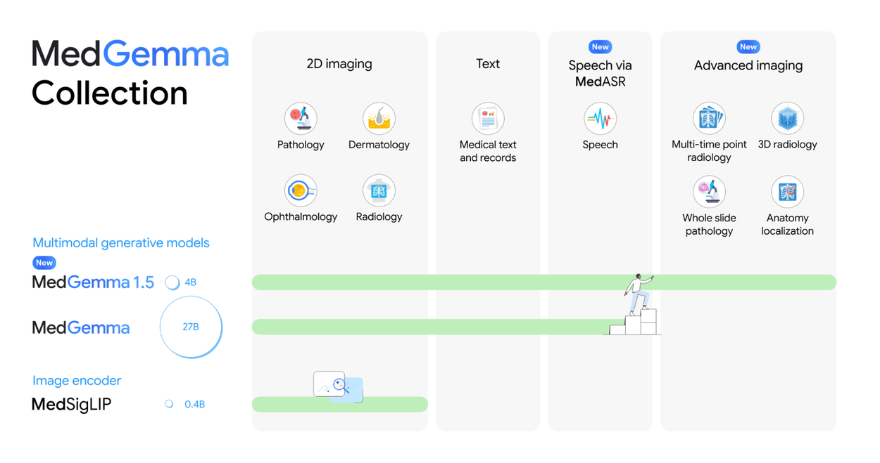 MedGemma Collection infographic showing multimodal AI models for 2D imaging, text, speech, and advanced radiology.